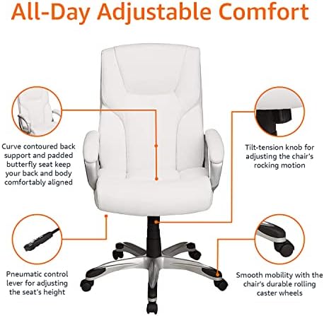 Amazon Basics Executive High Back Office Desk Chair, Adjustable Height, Tilt, Swivel, 275lb Capacity, Bonded Leather, White/Pewter
