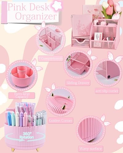 Pink Desk Accessories and Organizers with Desk Organizer and 360°Rotating Pen Holder stapler Pen and a Lot of Office Pink Office Supplies Beautifully Presented in a Gift Box