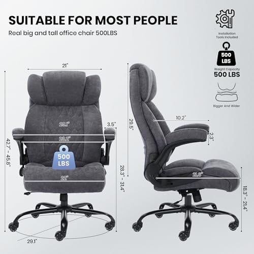 500lbs Big and Tall Office Chair Adjustable Lumbar Support for Back Pain, Extra Wide Seat Executive Office Chair Thick Armrest Pad, Heavy Duty Base&Upgraded Wheels, Ergonomic Desk Chair