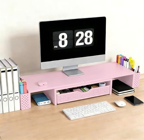 Spacrea Metal Desk Organizers and Accessories, Dual Monitor Stand Riser with Drawer and 2 Pen Holders, Desk Accessories & Workspace Desktop Organizers for Office Supplies (Pink)