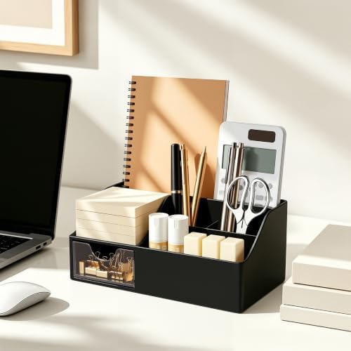 HBlife Acrylic Desk Organizer with Drawer, Pen & Pencil Holder, Multifunctional Desktop Caddy for Office Supply and Organization (Black, 2 Pack)