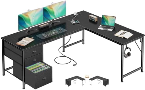 Furologee 63" L Shaped Desk with Power Outlets & USB-C Port, Reversible Corner Computer Desk with 3 Fabric Drawers, Hooks, Home Office Desk for Gaming, Writing, Work, Black