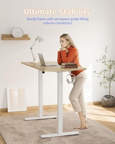 YIHAYO Electric Standing Desk, 40 x 24 Inches Stand Up Desk with Splice Board, Adjustable Height Desk, Computer Desk for Home Office, White Frame/Natural Top