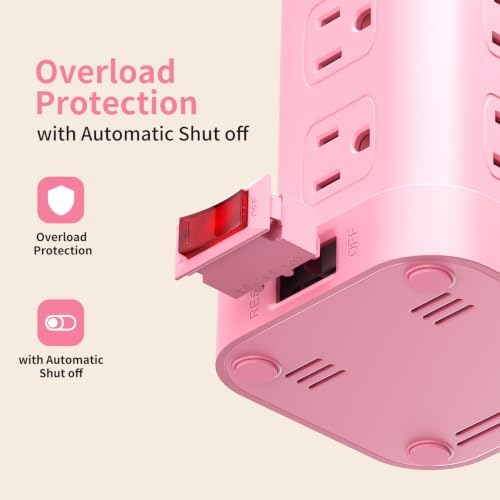 Extension Cord with Multiple Outlets, SMALLRT Power Strip Tower, Outlet Extender with 12 AC Outlets 4 USB, 6.5FT Extension Cord for Home Dorm Room, Office Supplies, Pink