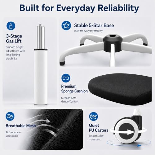 Ergonomic Office Chair for Long Hours, Adjustable Padded Lumbar Support for Lower Back Relief, 330 lb Capacity, Comfortable Computer Desk Chair for Home Office, Work & Study