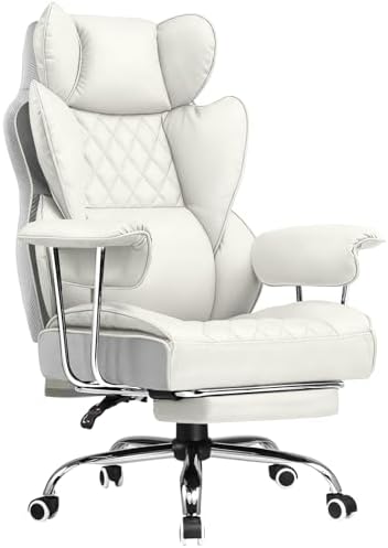 COMHOMA Big and Tall Office Chair, High Back Leather Gaming Chair with Footrest, Executive Ergonomic Office Chairs with Pocket Spring Lumbar Support and with Outward Fixed Soft Armrests