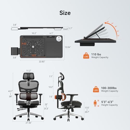 Newtral Ergonomic Office Chair - Home Office Desk Chair with Auto-Following Lumbar Support, 4D Armrest, Seat Depth and Height Adjustable (Black, Footrest + Laptop Tray)