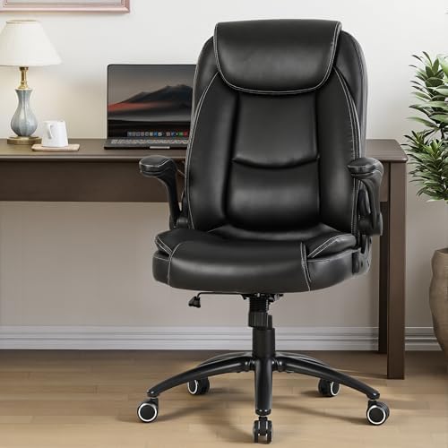 300lbs Capacity Executive Desk Chair with Ergonomic Lumbar Support, Flip-up Arms & High Back Leather Computer Chair for Home/Office, Black