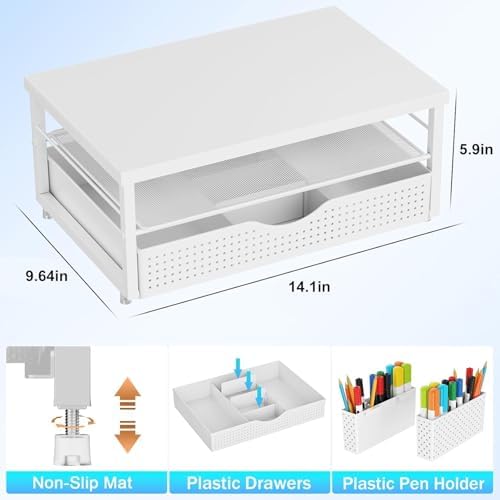gianotter Desk Organizers and Accessories, Monitor Stand with Drawer and 2 Pen Holder, Desktop Organizer Suitable for Offices and Dormitories (Matte White)