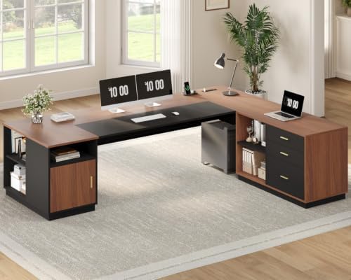 UPOSOJA 78.7" L Shaped Executive Desk with Lateral File Cabinet, Extra Large Office Desk with Drawers & Power Outlets, Modern Corner Computer Desk with Storage Shelves, Business Furniture, Walnut
