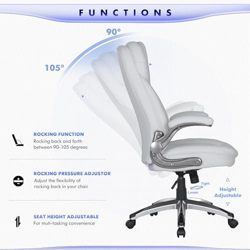 COLAMY High Back Executive Office Chairs Set of 2, Ergonomic PU Leather Desk Chairs with Flip-Up Armrests, Adjustable Height, Lumbar Support, Comfortable Computer Chairs for Home Office, White