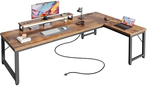 PRAISUN 61" L Shaped Computer Desk, Outlets, Monitor Stand, Rustic Brown
