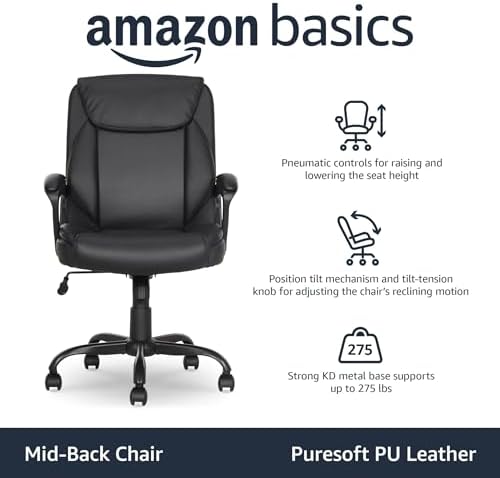 Amazon Basics Classic Puresoft PU Padded Mid-Back Office Desk Chair with Armrest, Easy Assembly, Sturdy Metal Base, Wheels, 275lb Support, 26"D x 23.75"W x 42"H, Black