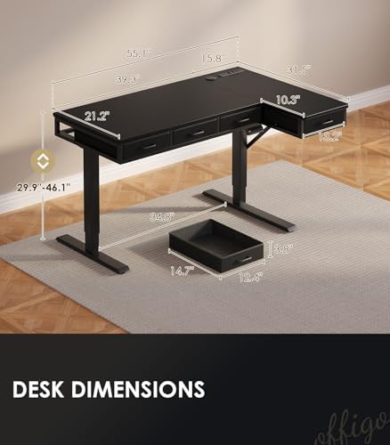 OffiGo 55 Inch L Shaped Electric Standing Desk with 4 Drawers, Black