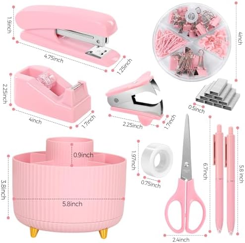 SKYDUE Pink Desk Accessories 11Pcs with Rotating Pen Holder for Desk