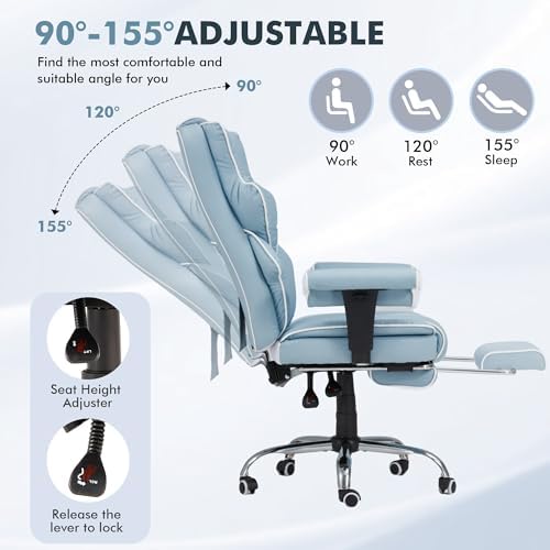 HOMREST 6-Point Massage Executive Chair,Heat Office Chair,Ergonomic Home Office Desk Chairs with Retractable Footrest and Reclining Function,Leather Computer Chair with Adjustable Armrest(‌Airy Blue)
