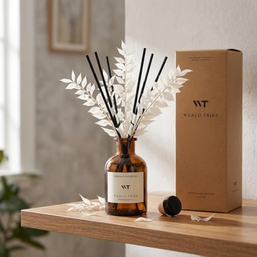 WEALD TRIBE Reed Diffuser Set for Bathroom Air Fresheners, Oil Diffuser Sticks | White Tea Scent 4.0 fl oz Home Fragrance with Sticks Defusers | House Bedroom Office Shelf Decor