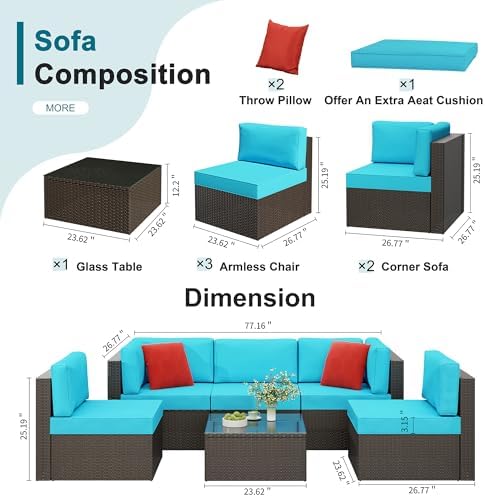 6 Pieces Patio Furniture Set Outdoor Couch Wicker Sectional Sofa, Blue
