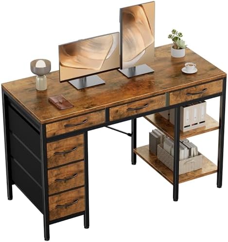 OLIXIS 47 Inch Computer Desk with 6 Fabric Drawers, for Home Office Work