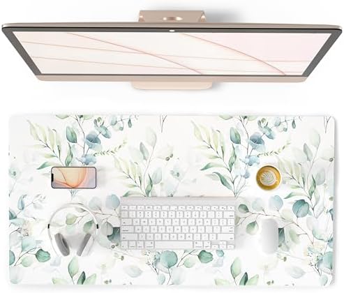 QiyI PU Leather Large Mouse Pad, Office Decor, 31.5" x 15.7", Green Leaves