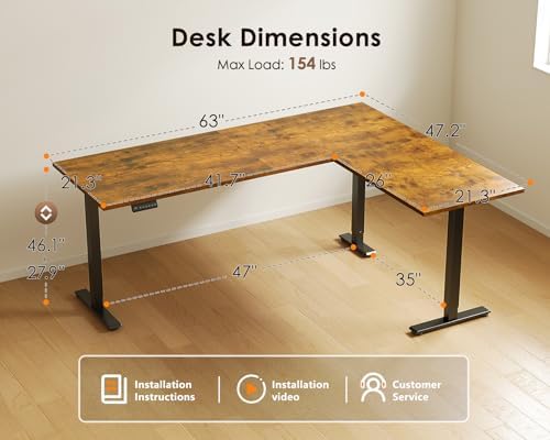 OffiGo 63 Inch Reversible L Shaped Electric Standing Desk, Rustic Brown