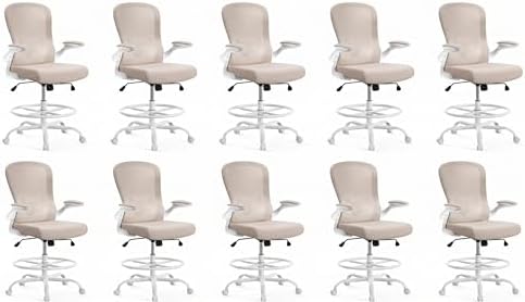 ErGear Drafting Chair,Tall Office Chair with Flip-Up Armrests, High Desk Chair Adjustable Height and Adjustable Footrest Ring, Ergonomic Standing Desk Chair with Lumbar Support, Khaki,10 Pack