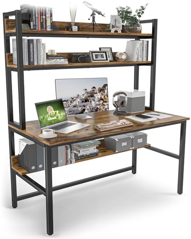 Aquzee Computer Desk with Hutch, 55 Inch Desk with Shelves