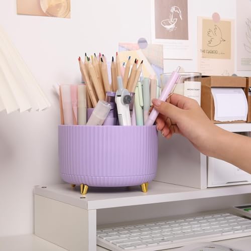 SKYDUE 360 Rotating Purple Pen & Art Supply Organizer - 5 Slot Desk Organizer for Office, School, Home