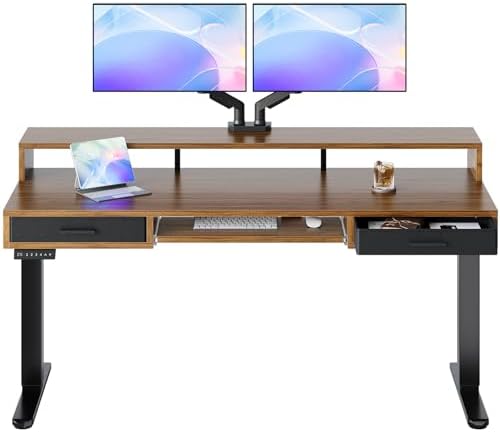 HUANUO 63″ x 26″ Electric Standing Desk with 2 Drawers &24.4″ Large Keyboard Tray, C-Clamp Mount Compatible, Adjustable Computer Desk for Office, Sit Stand Up Desk with 4 Height Presets, Deep Walnut