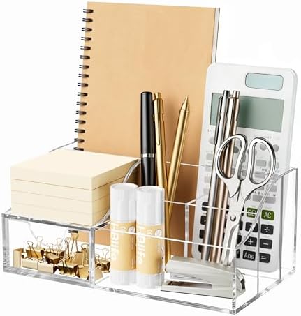 HBlife Acrylic Desk Organizer with Drawer, Pen & Pencil Holder, Multifunctional Desktop Caddy for Office Supply and Organization (Clear)