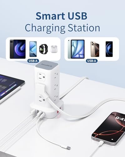 Extension Cord with Multiple Outlets, SMALLRT Flat Plug Power Strip Tower, Outlet Extender with USB 12 AC Outlets, 10FT Ultra Thin Extension Cord for Home Office, Overload Protection