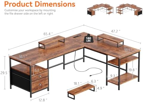 Furologee 66” L Shaped Desk with Power Outlet, Reversible Home Office Desk with File Drawer, 2 Monitor Stands, Storage Shelves, Corner Computer Table for Gaming, Writing, Rustic Brown
