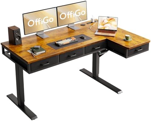 OffiGo 55 Inch L Shaped Electric Standing Desk with 4 Drawers, Rustic Brown