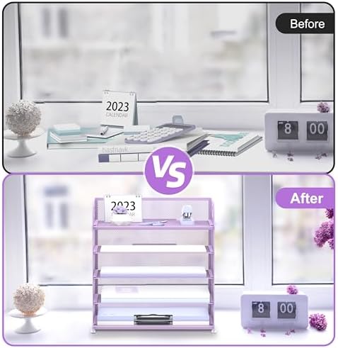 Supeasy 5 Trays Paper Organizer Letter Tray with Handle-Mesh Desk File Holders, Paper Sorter Desk Organizer for Office, Home, Classeoom or School, Purple