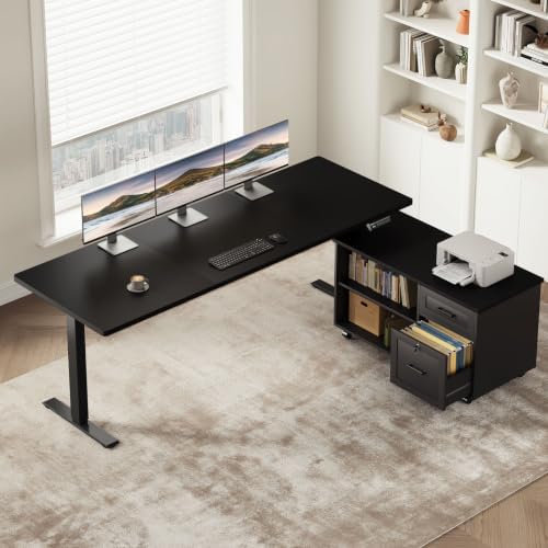 OffiGo 63 Inch L Shaped Electric Standing Desk with Cabinet Sets, Black