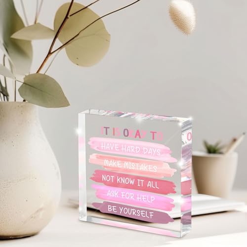Mental Health Decor - Pink Office Decor Ornaments Teacher Desk - Inspirational Gifts For Women - Mental Health Present Positivity Recovery Self Care Encourage Gifts (4x4 inches)