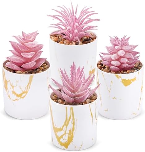 Der Rose 4 Pack Pink Fake Plants in Gold Accent Pots for Office Desk Decor