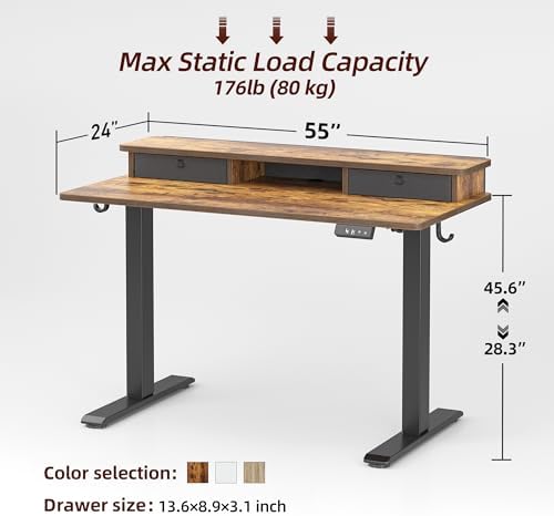 TIQLAB Standing Desk with Two Drawers, Stand Up Standing Desk Adjustable Height, Electric Sit Stand Table with Storage Shelf and Splice Board, 55 * 24 inch, Rustic Brown