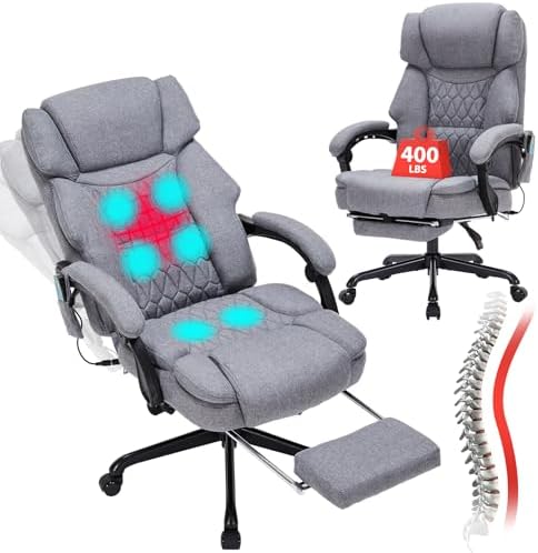Massage Office Chair with Foot Rest 6 Points Vibration and Heat Home Office Desk Chairs for Heavy People 400lbs Reclining Managerial Chairs Ergonomic Executive Chair (Grey)