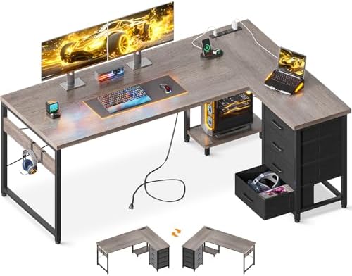 AODK 61" L Shaped Gaming Desk with 4 Drawers and Power Outlets, Grey