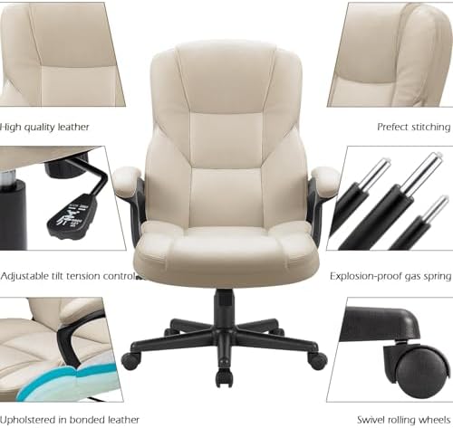 Furmax Office Executive Chair High Back Adjustable Managerial Home Desk Chair, Swivel Computer PU Leather Chair with Lumbar Support (2, Beige)