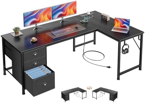 Furologee 55" L Shaped Desk with Power Outlets & USB-C Port, Reversible Corner Computer Desk with File Drawers, Work Study Gaming Table for Home Office, Dorm, Black