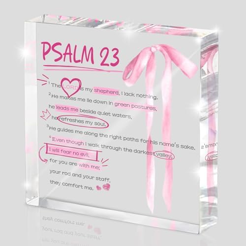Pink Bow Room Decor, Valentines Day Decor, Inspirational Bible Verse Quotes, Christian Psalm 23 Gifts for Women, Coquette Aesthetic Bow Dorm Decoration, Acrylic Office Desk Accessories Decoration