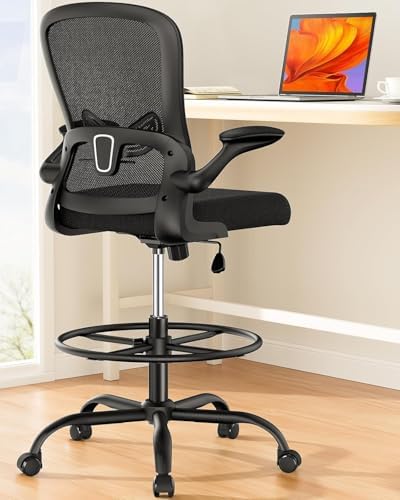 ErGear Drafting Chair with Footrest Ring and Flip-Up Arms for Tall Desks