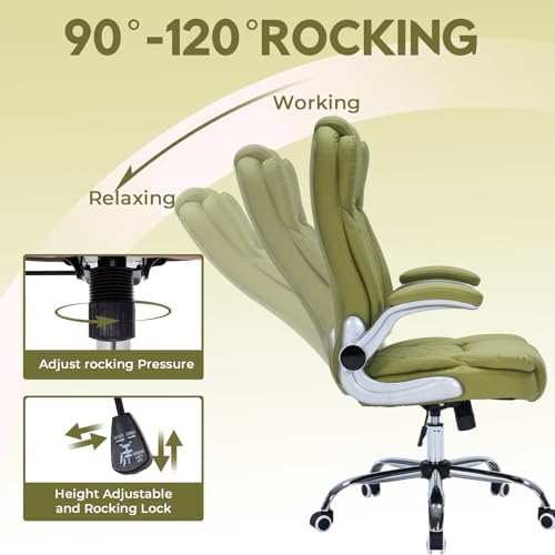400lbs Executive Office Chair with Flip-Up Armrests, Big and Tall Computer Chair for Heavy People, Heavy Duty Ergonomic Comfy Chair, Breathable PU Leather (Green)