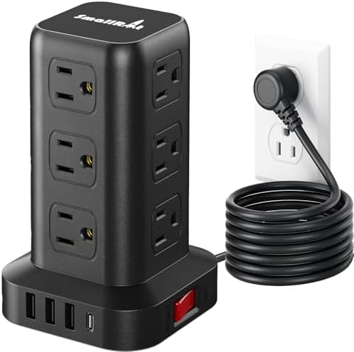 Extension Cord with Multiple Outlets, SMALLRT Surge Protector Power Strip Tower, PD 20W USB C, Outlet Extender with USB Ports 12 AC Outlets, 6.5FT Extension Cord for Home Office, Overload Protection