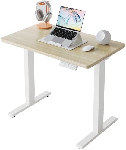 HUANUO 32x19 Inch Small Electric Standing Desk, Adjustable, Light Walnut