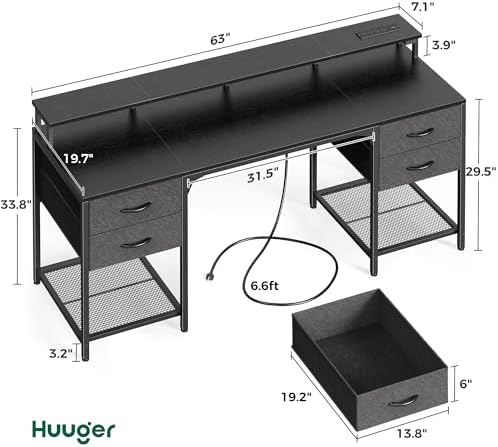 Huuger 63 inch Computer Desk with Power Outlets & 4 Drawers