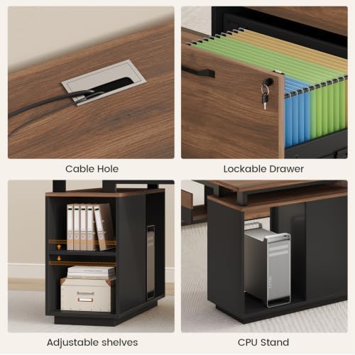 71" L Shaped Corner Home Office Desk, Large Executive Computer Desk with Lockable File Cabinet, 2 Drawers, Storage Cabinet, Power Outlets, CPU Stand, Storage Shelves & Modesty Panel, Walnut
