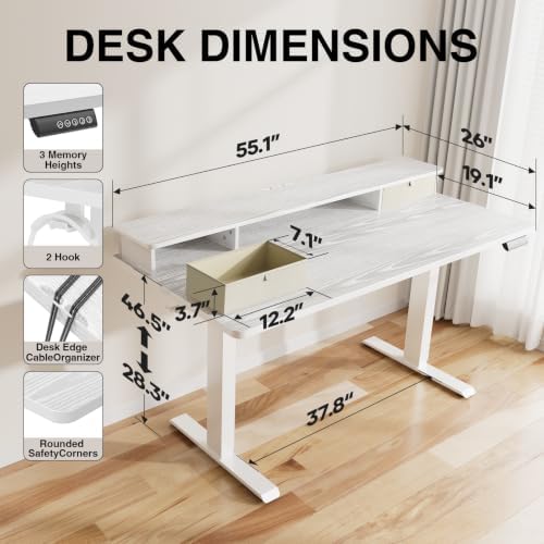 Veken 55x26 in Electric Standing Desk with Drawers, Adjustable Table, White